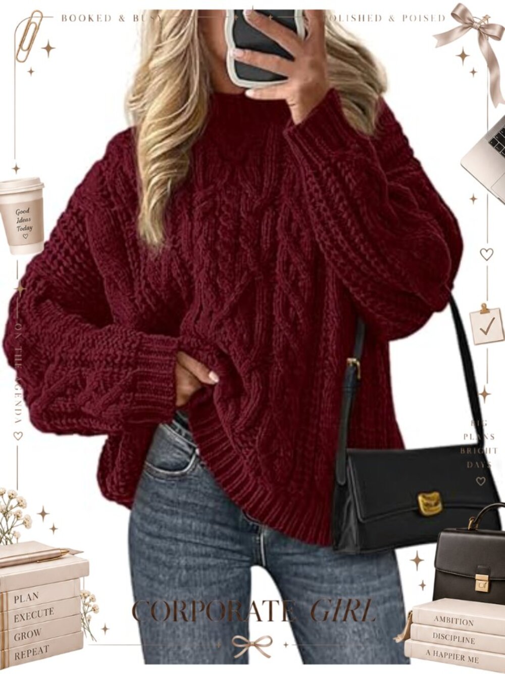Chunky Cable Knit Crew Neck Pullover Sweater Long Sleeve